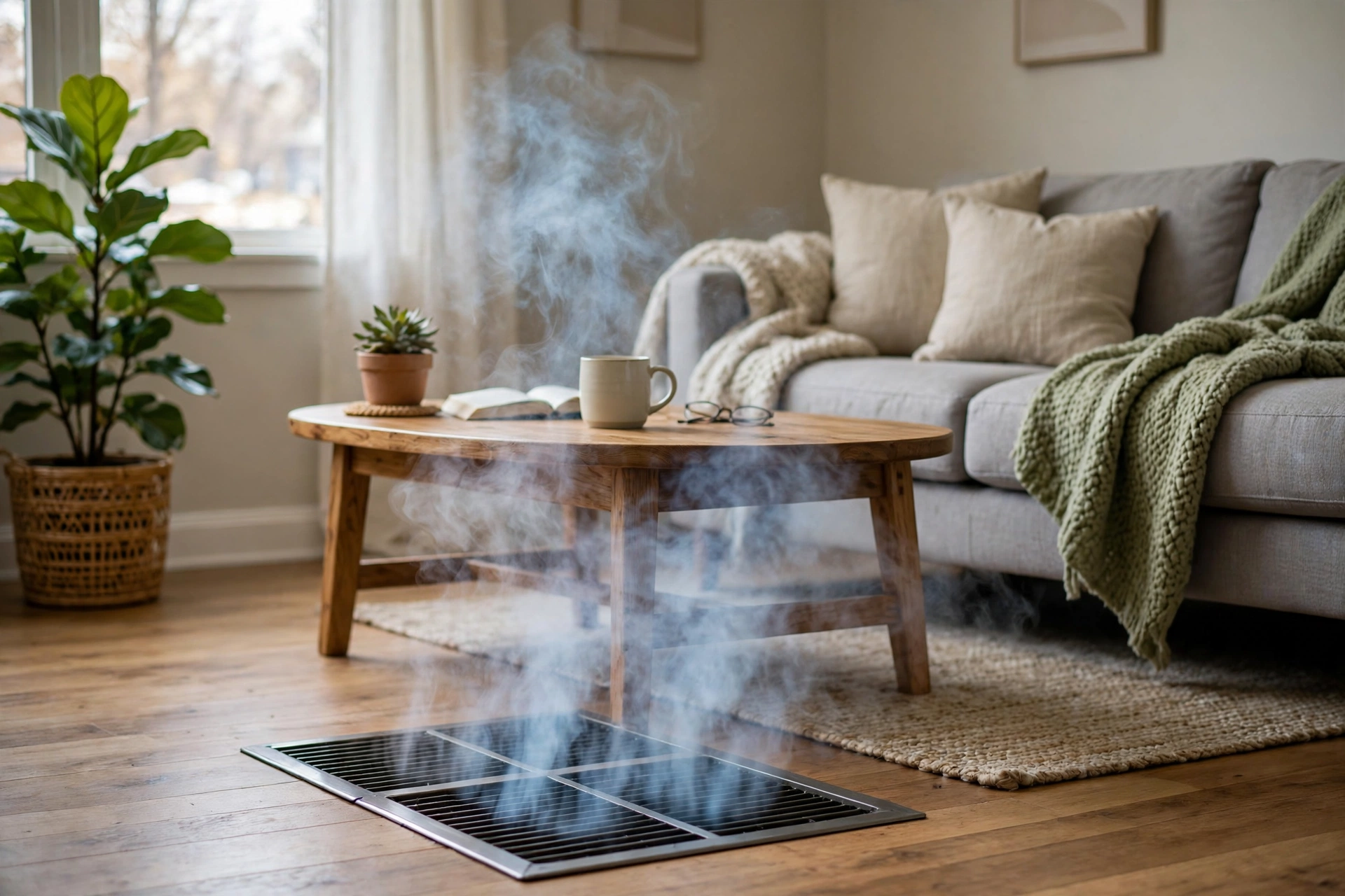 Cool air coming from a floor vent in a living room