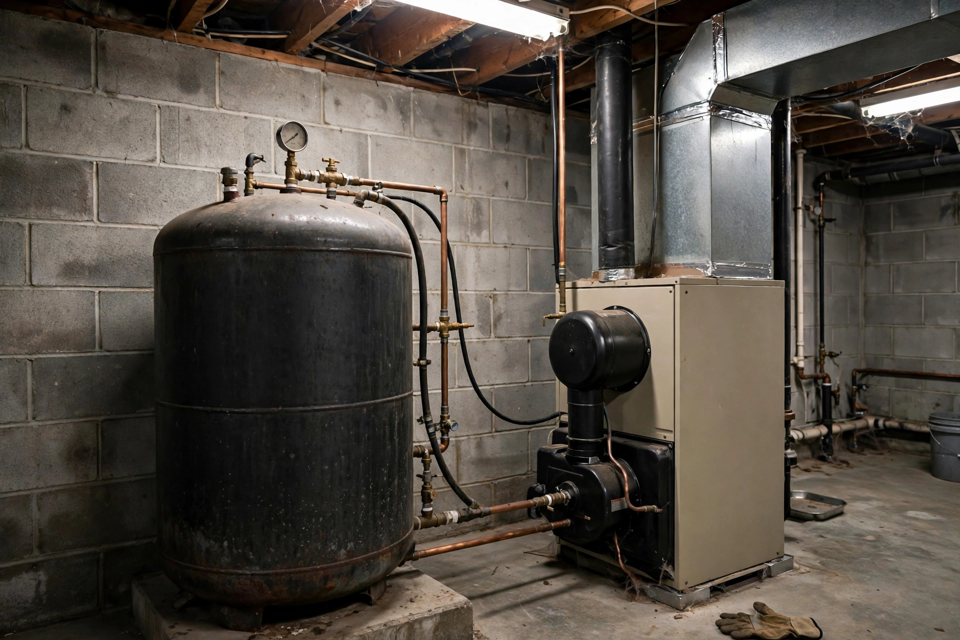 Heating oil tank and furnace in a basement