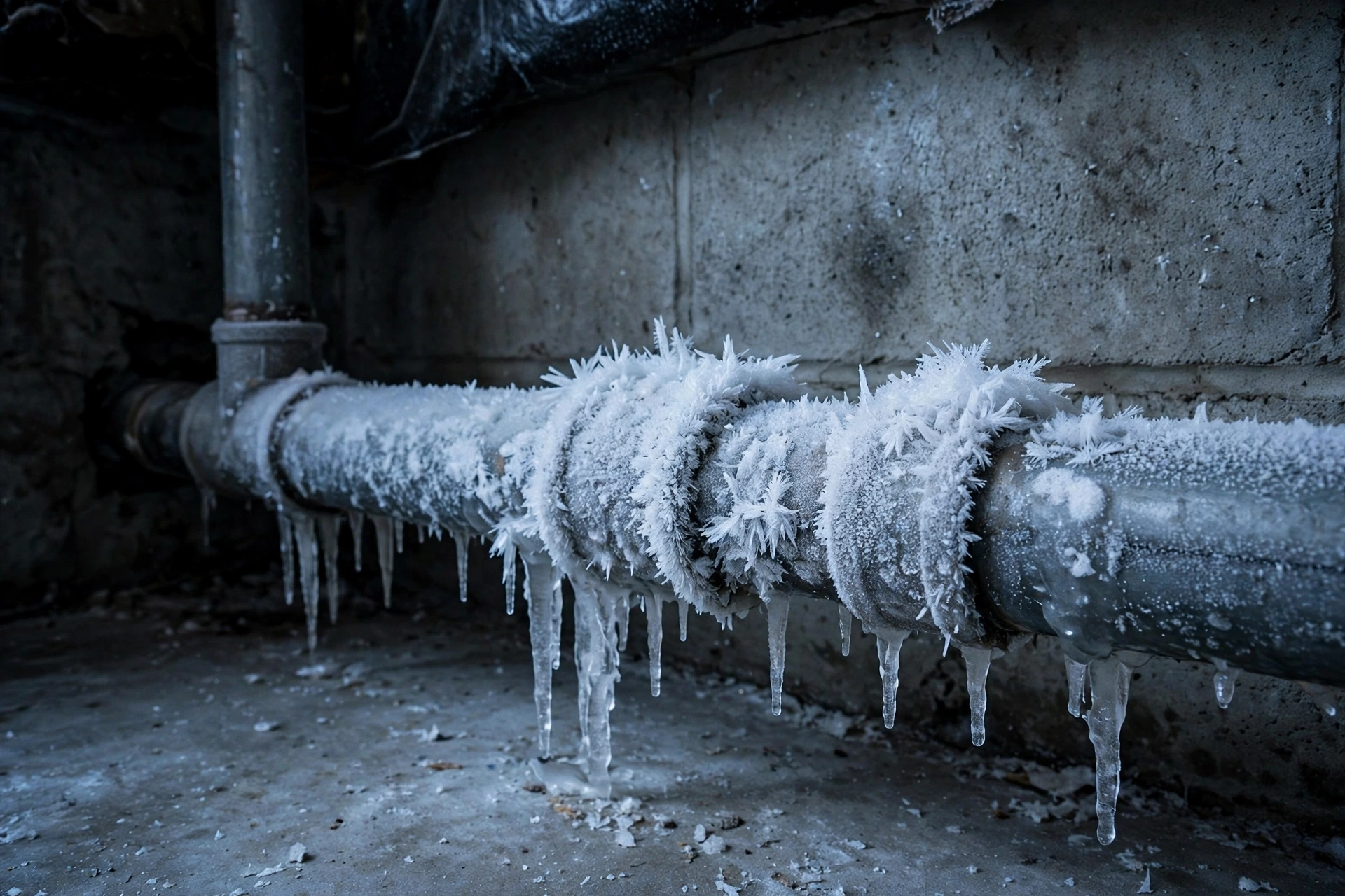 Frozen pipe with frost in a cold basement
