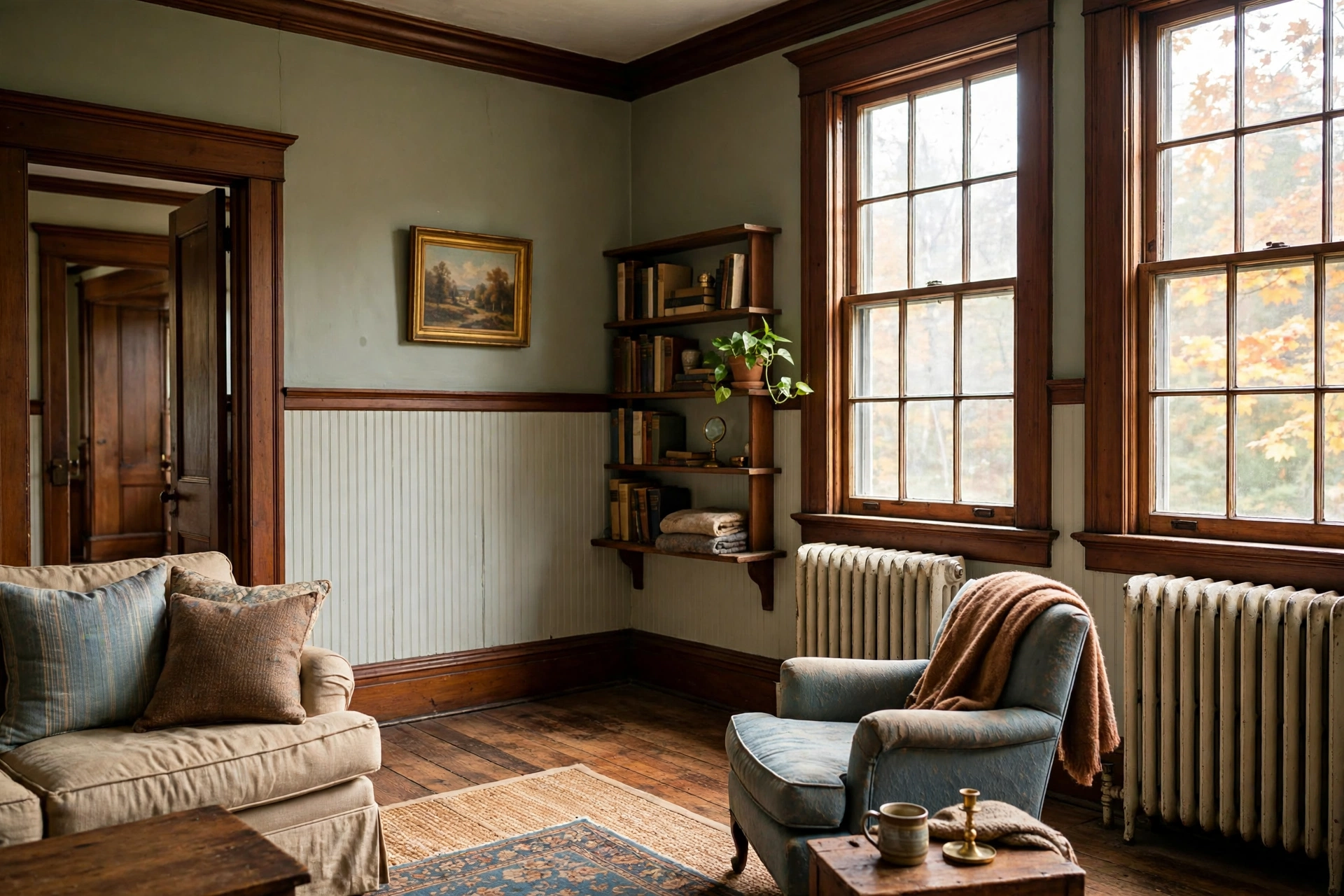 Older New England home interior with radiators and wood trim