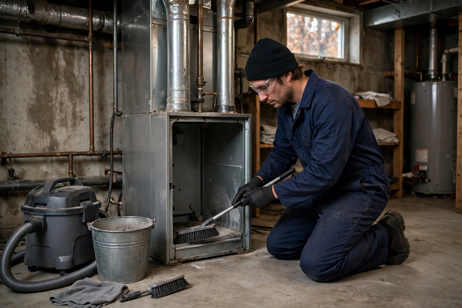 Technician performing seasonal furnace maintenance