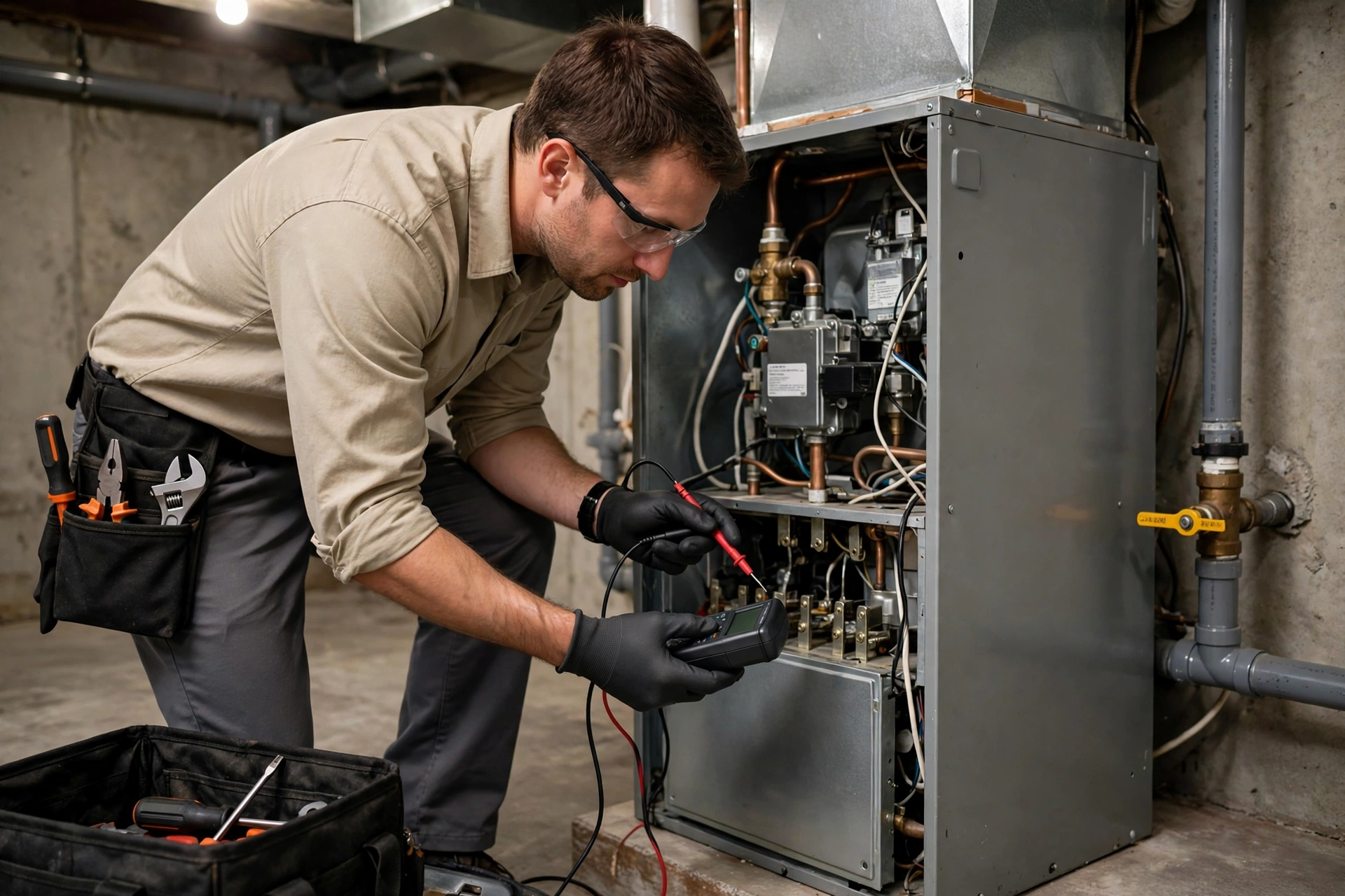 Technician checking furnace controls with a meter