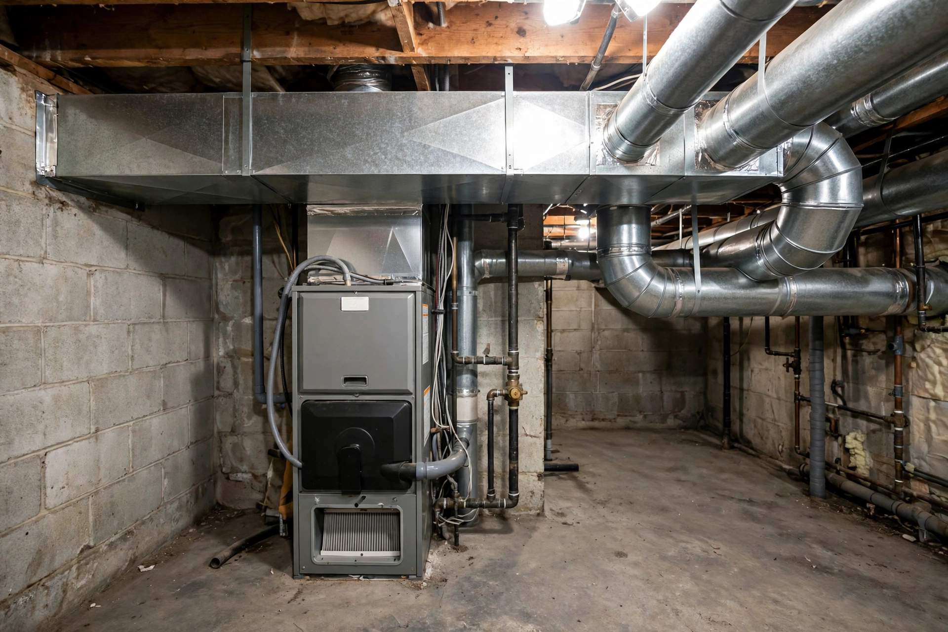 Ductwork and furnace in a basement