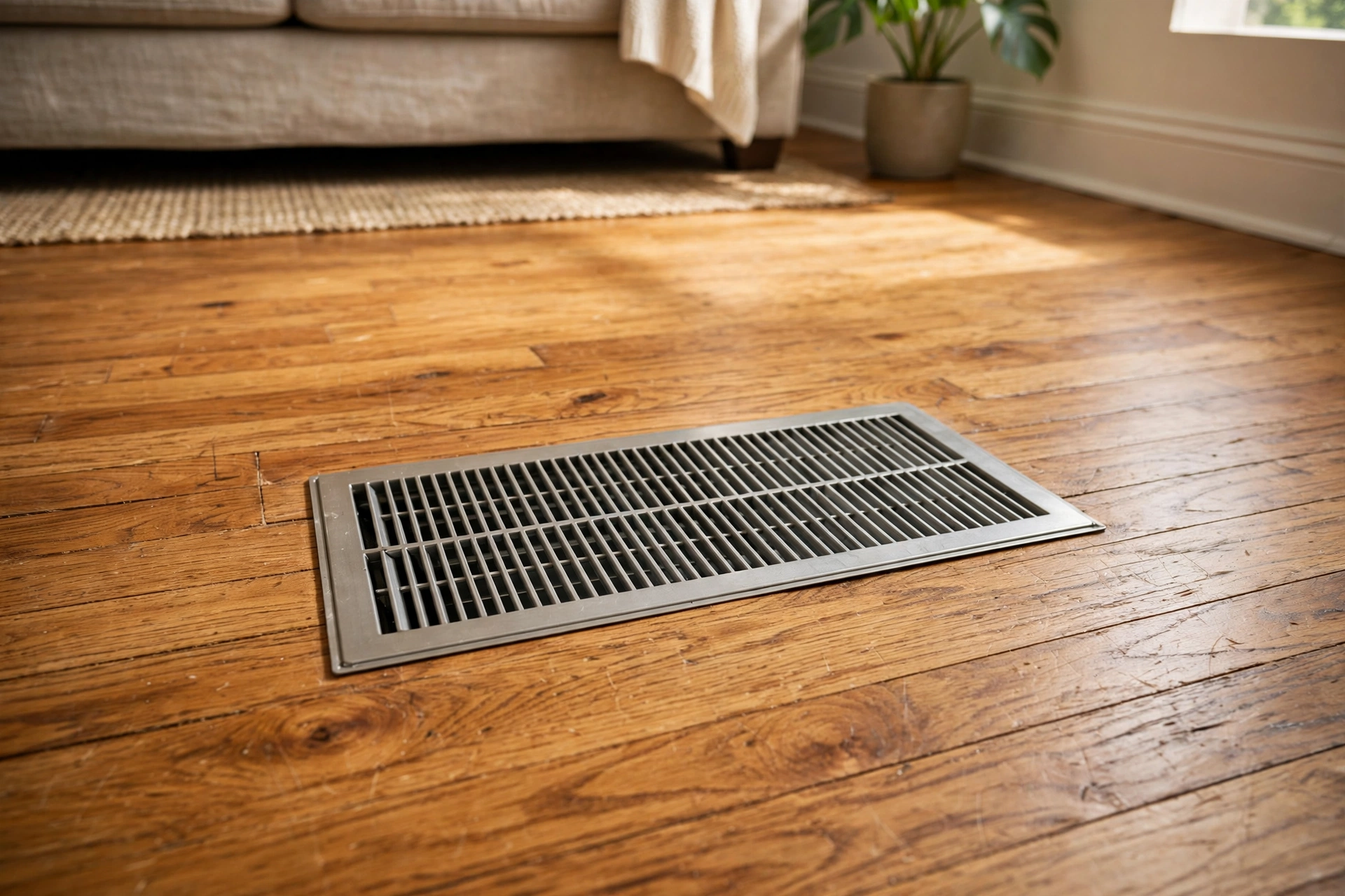Floor heating vent in a hardwood living room floor