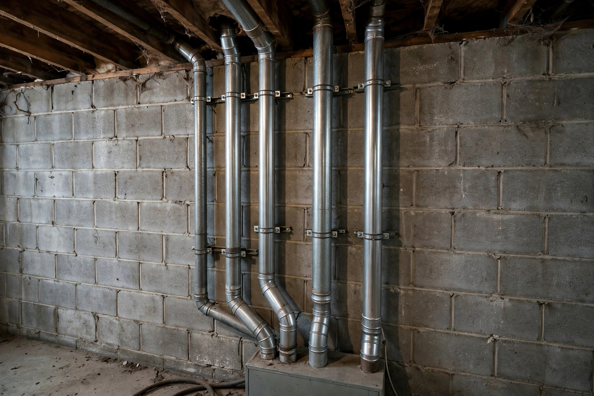 Furnace venting pipes running up a basement wall