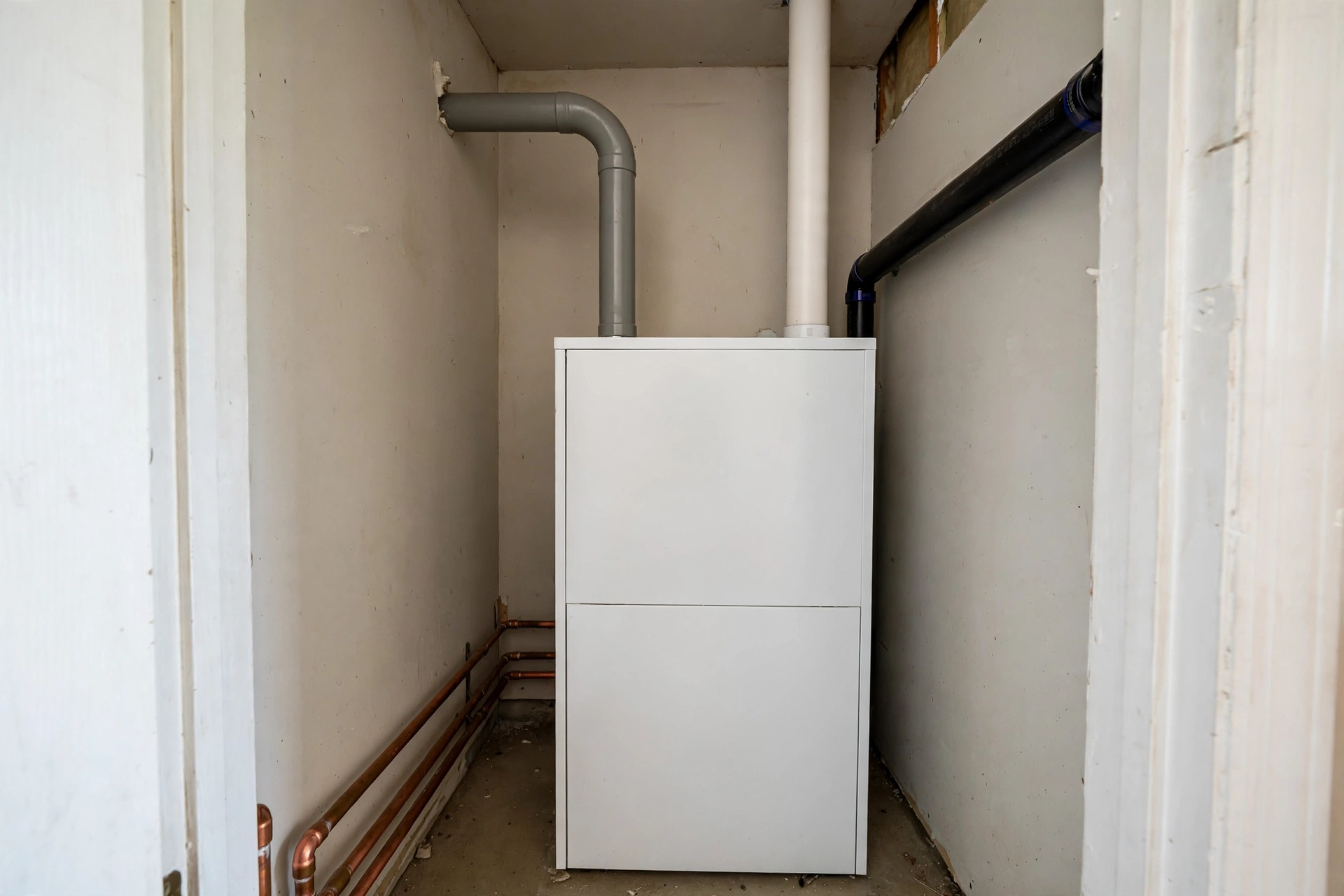 Modern furnace in a small utility closet