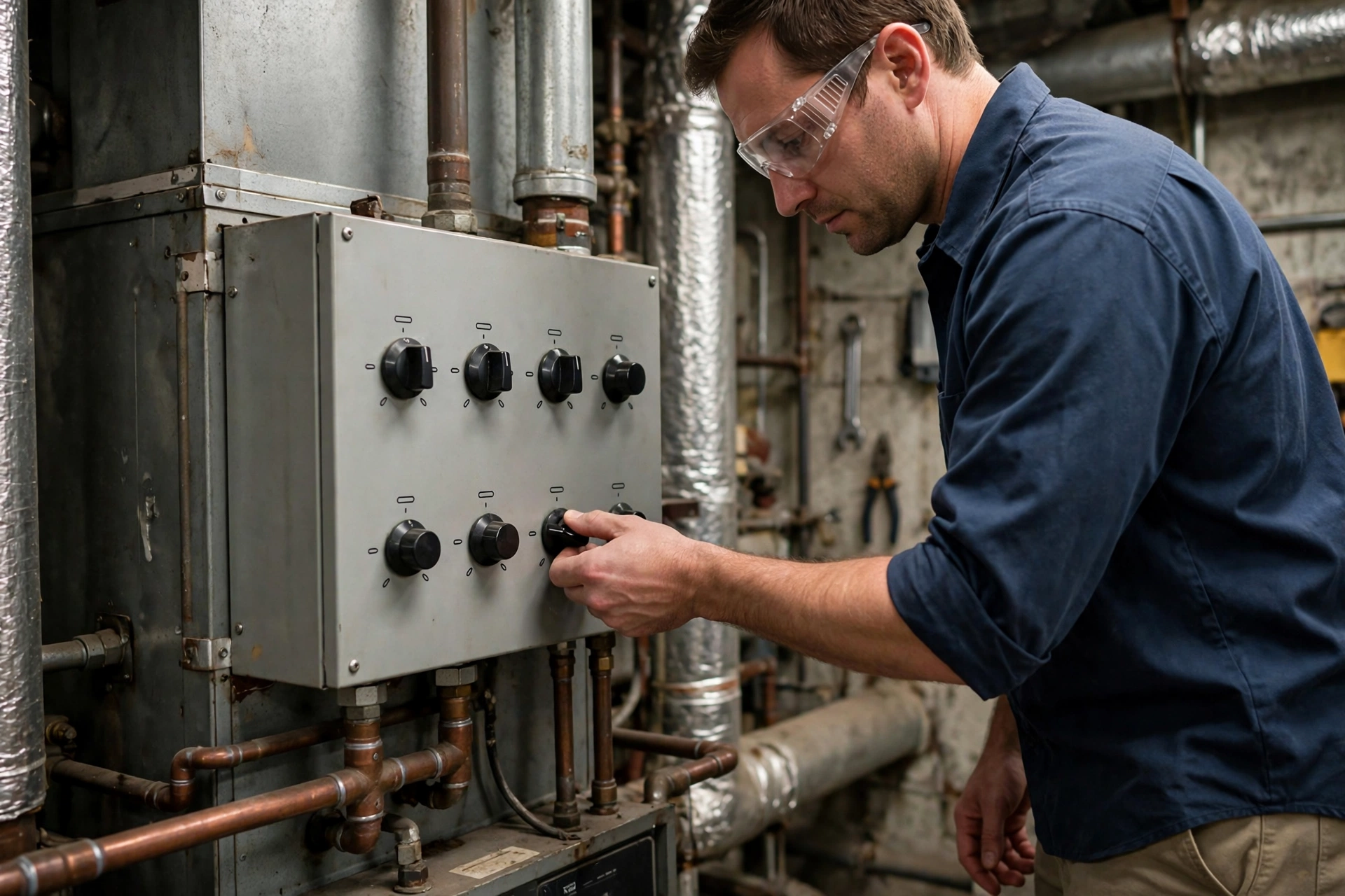 Technician adjusting furnace control knobs