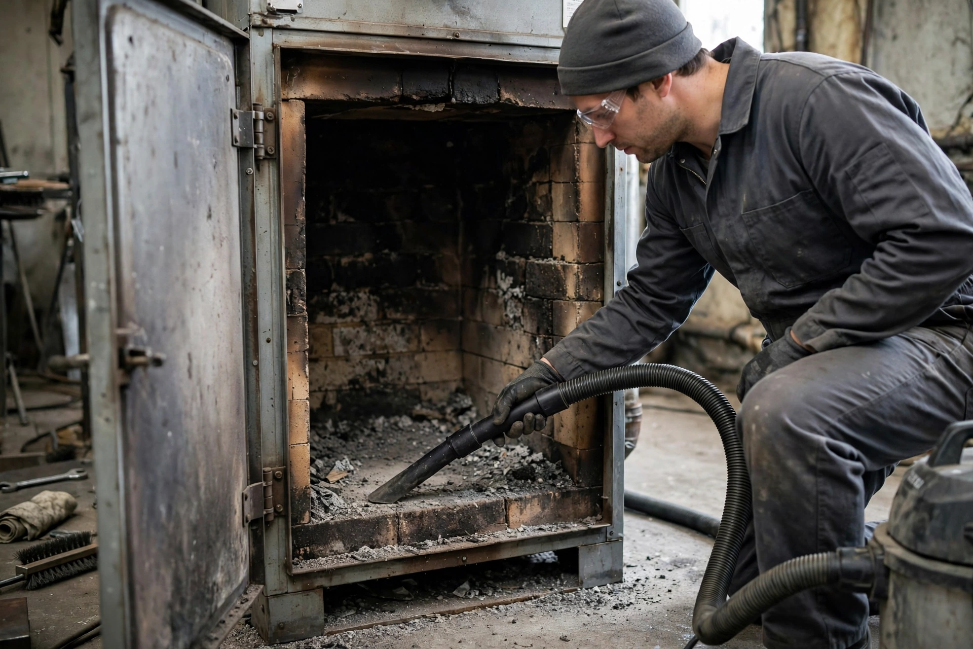 Technician vacuuming the inside of an open furnace