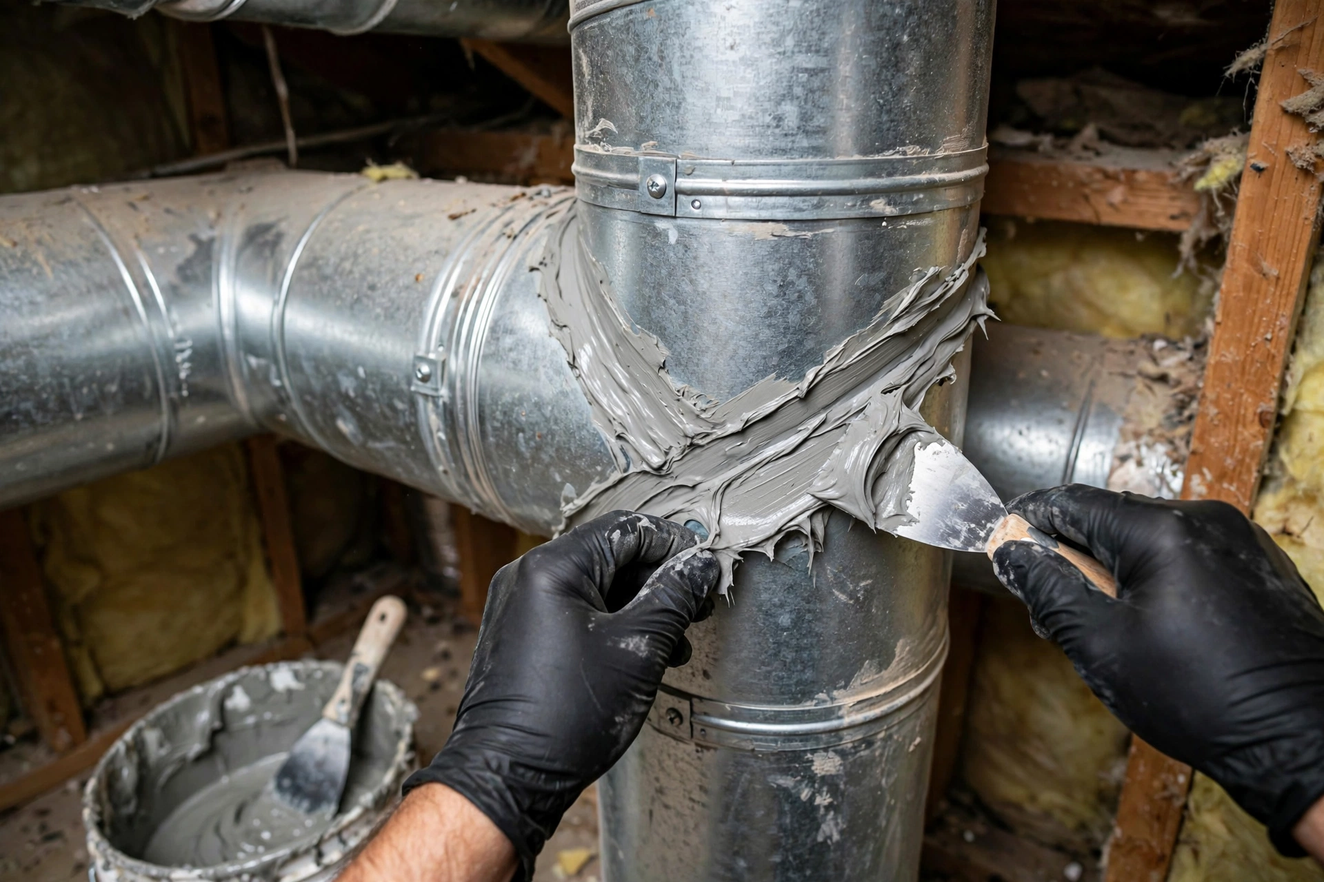 Duct sealing work with mastic on duct joints