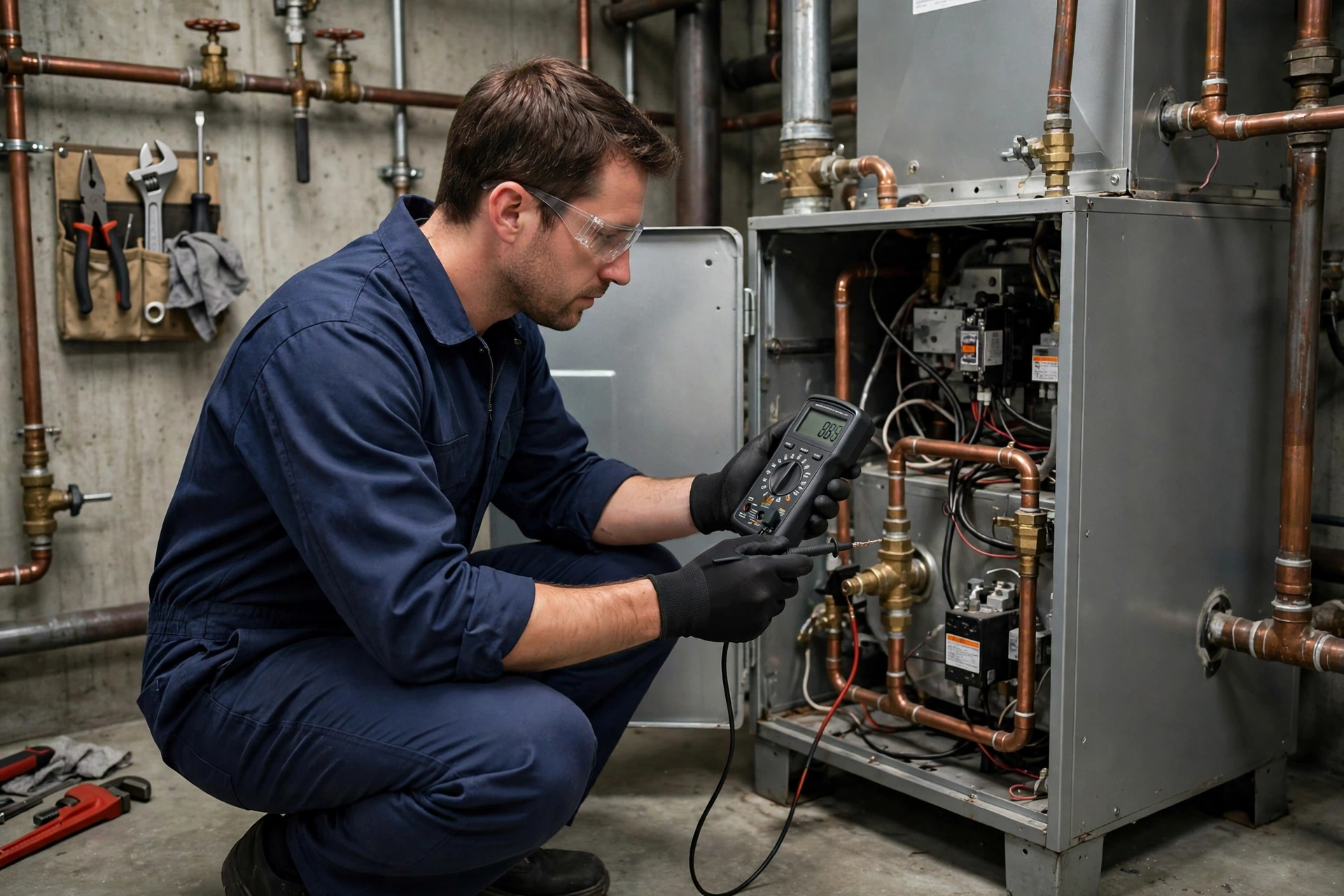 Technician testing furnace safety controls with a handheld meter