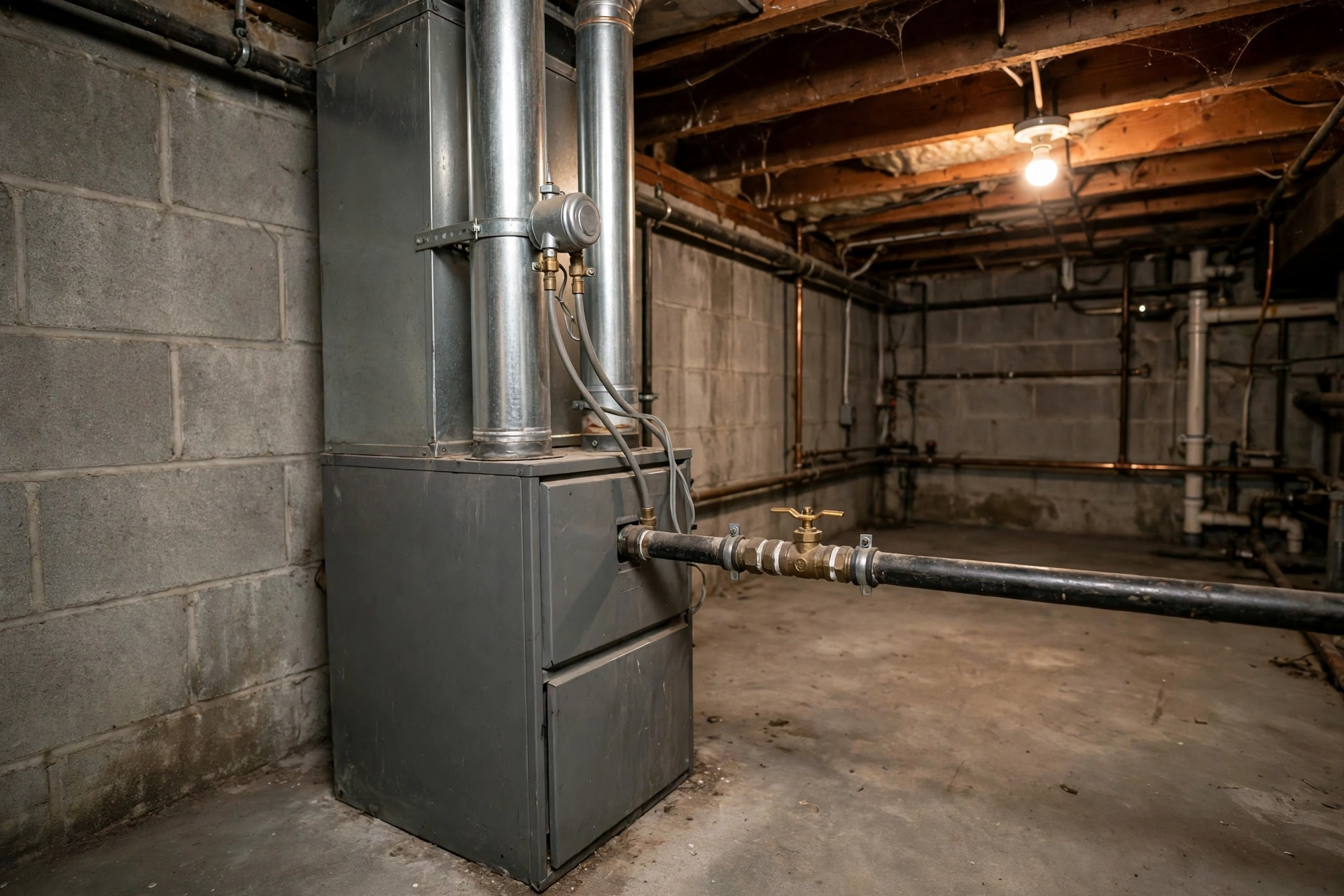 Furnace technician inspecting a home heating system in Manchester, New Hampshire