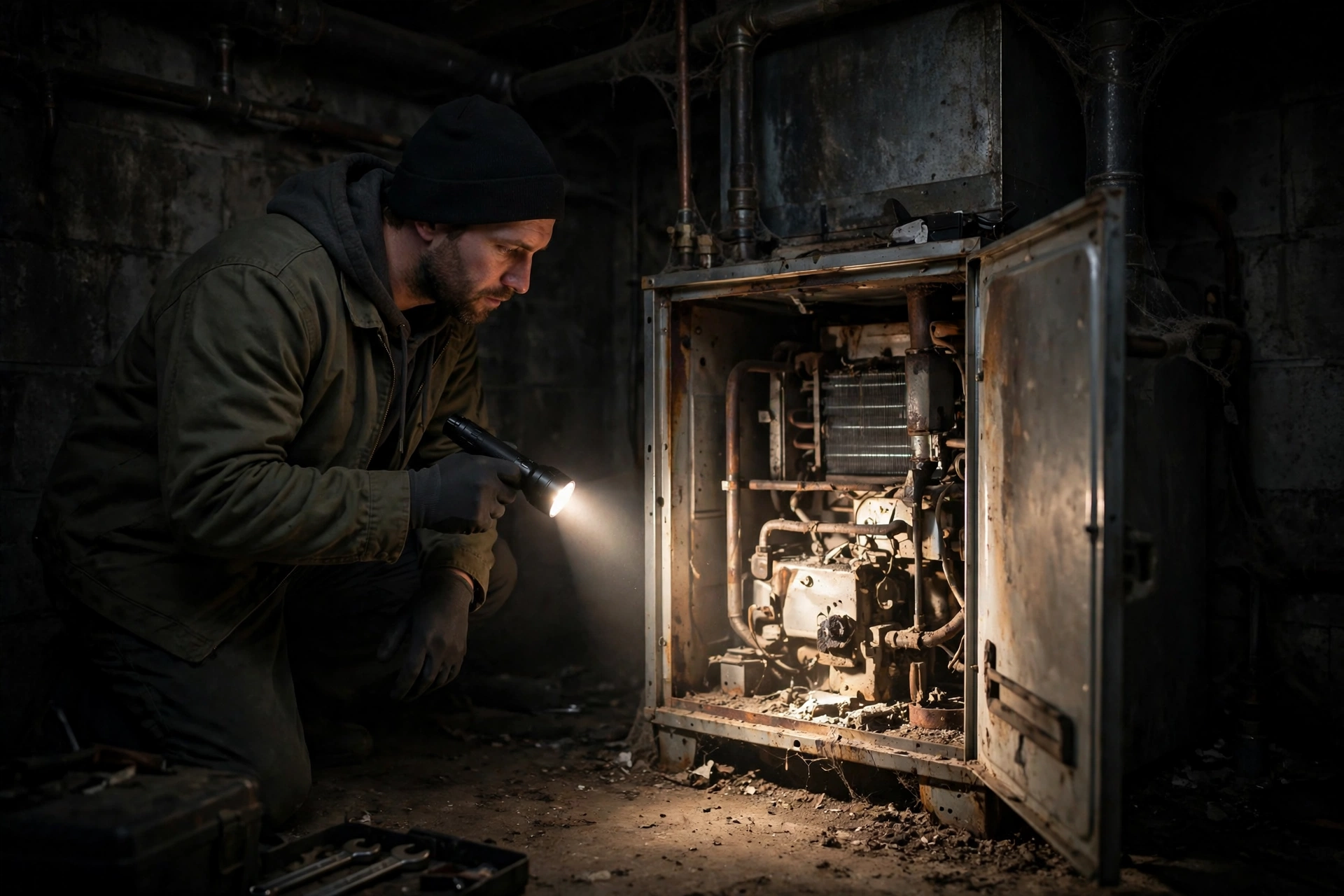 Furnace technician inspecting a home heating system in Concord, New Hampshire