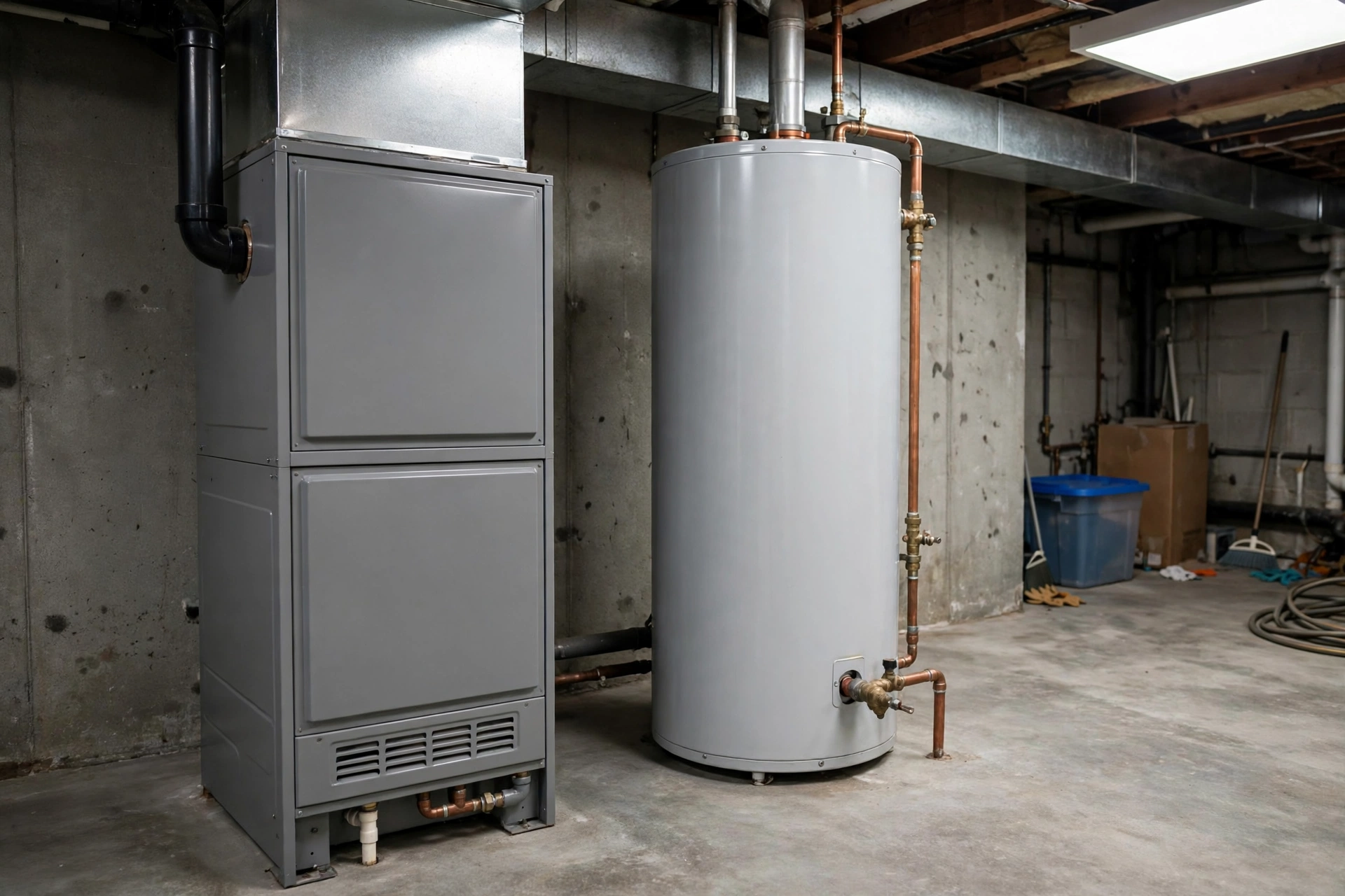 Gas furnace unit in a residential basement in Laconia, New Hampshire