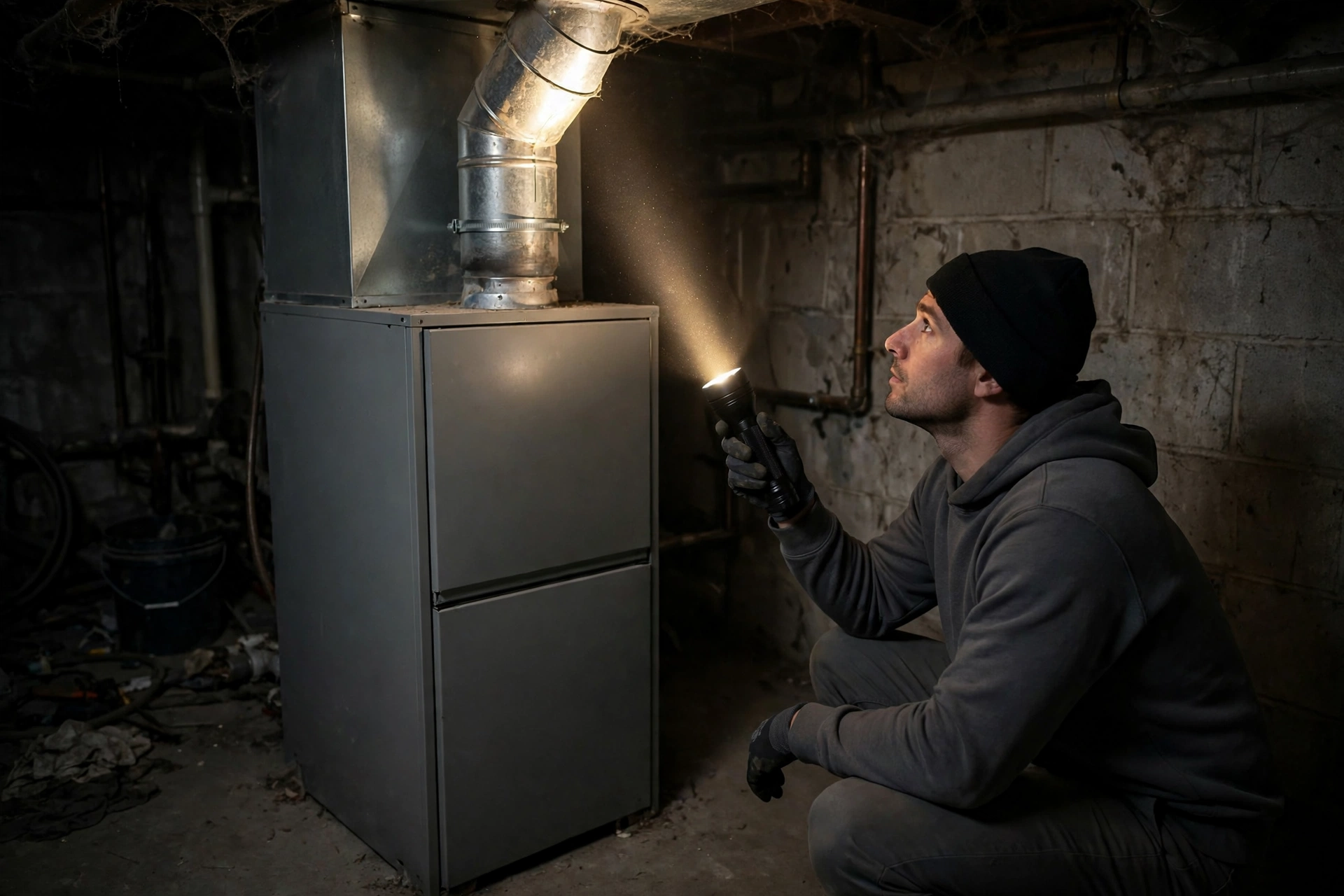 Gas furnace unit in a residential basement in Somersworth, New Hampshire