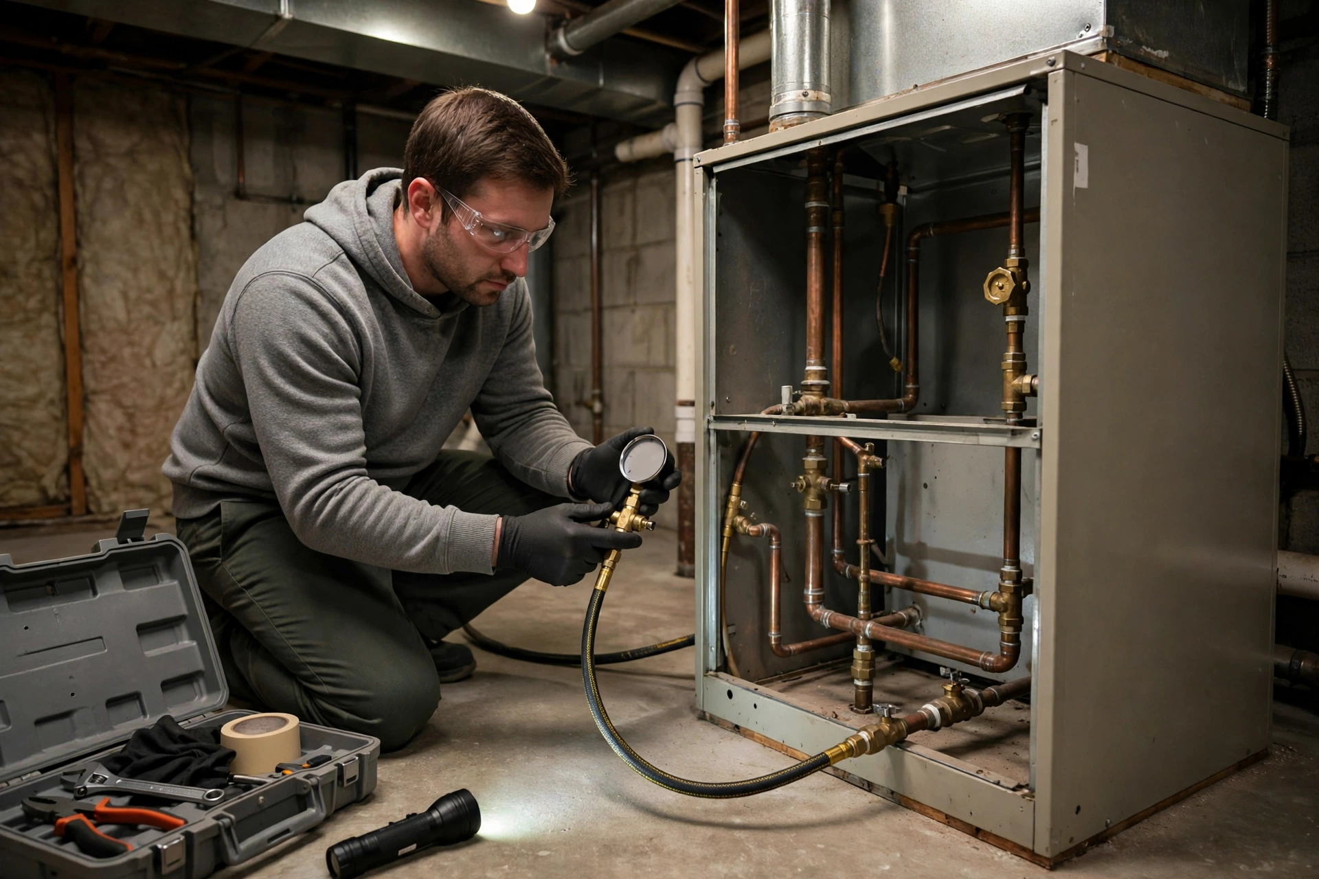 Furnace technician inspecting a home heating system in Hudson, New Hampshire