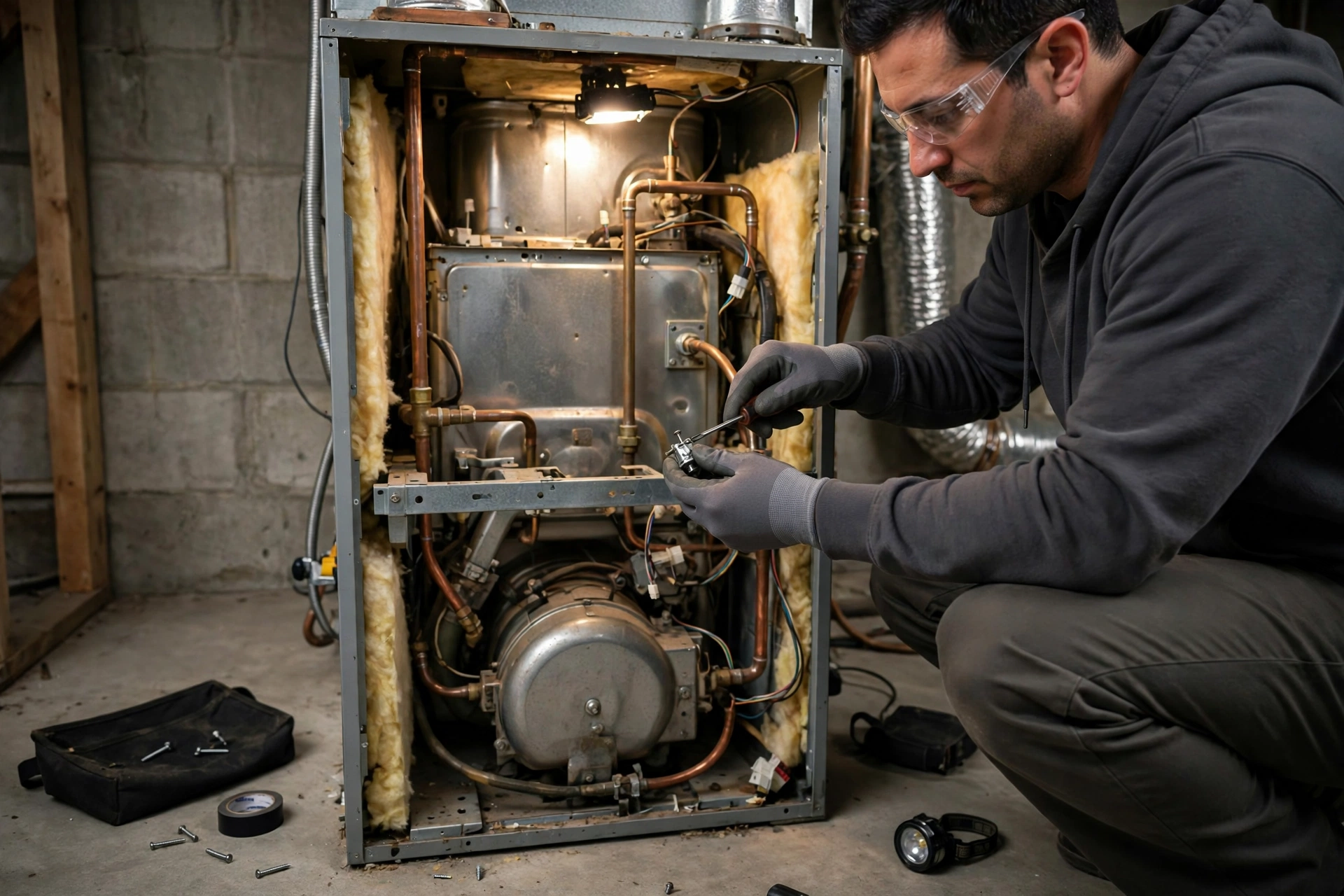 Furnace technician inspecting a home heating system in Milford, New Hampshire
